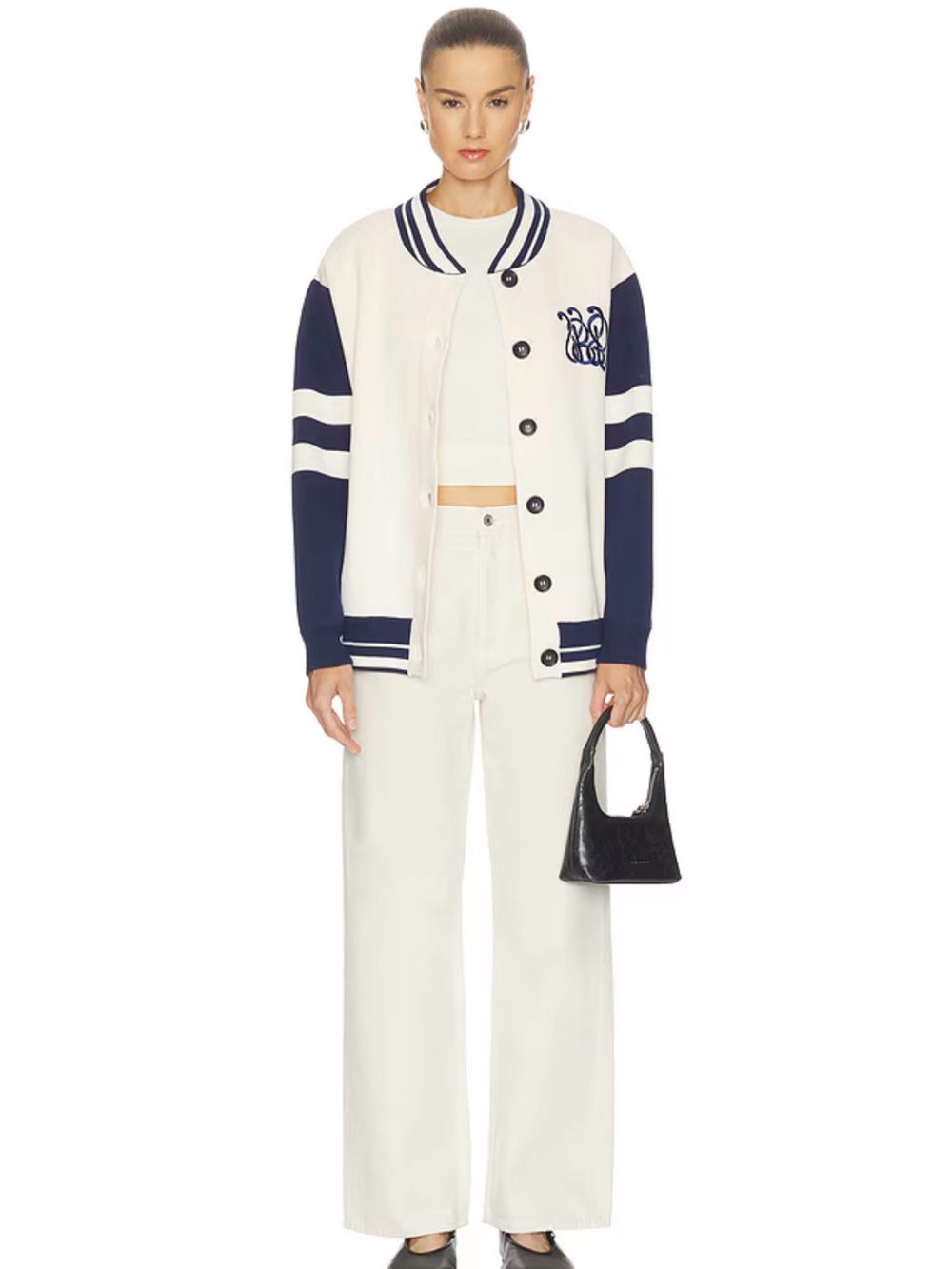 Cream and Navy Contrast-Sleeve Varsity Jacket - Picture 1 of 5